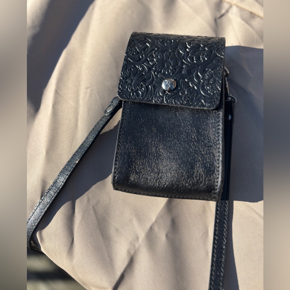 PATRICIA NASH Rust Riot Map black leather small crossbody phone bag